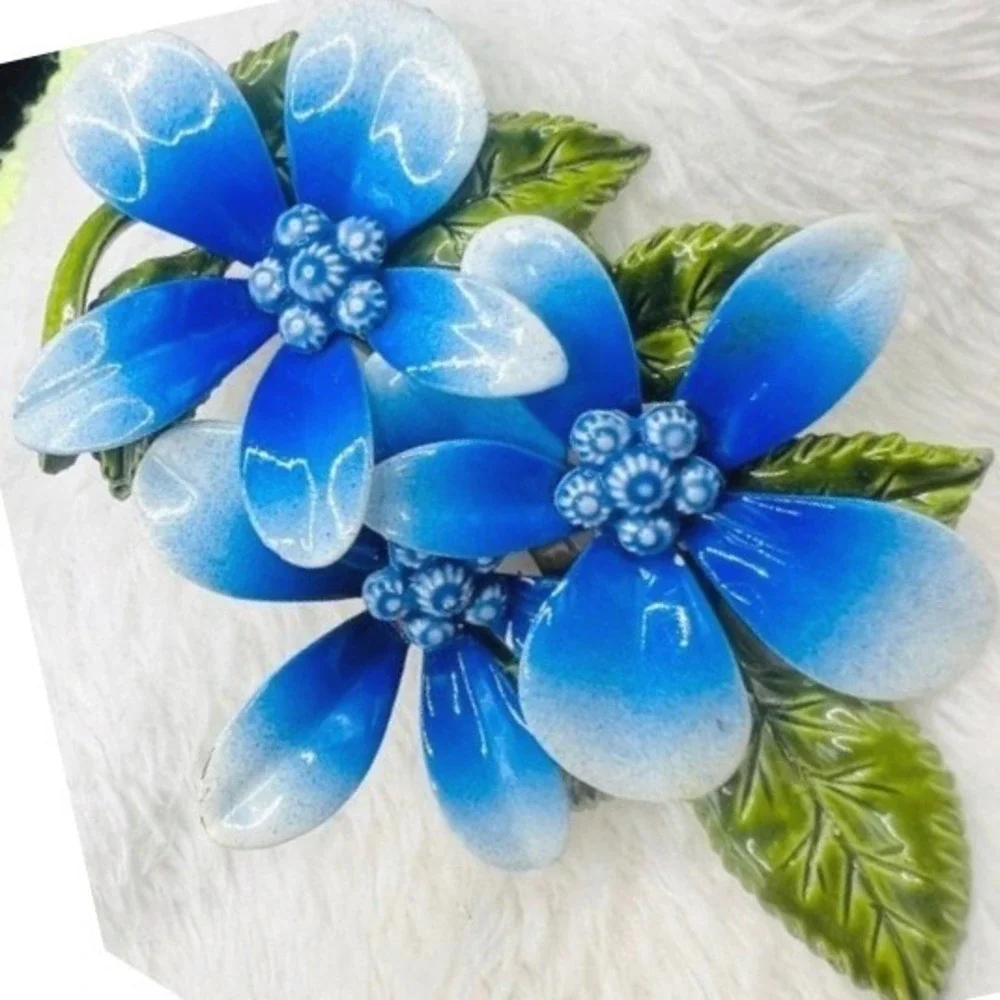 Vintage Flower‎ Power Brooch Blue Enamel Bouquet Leaves 3X2